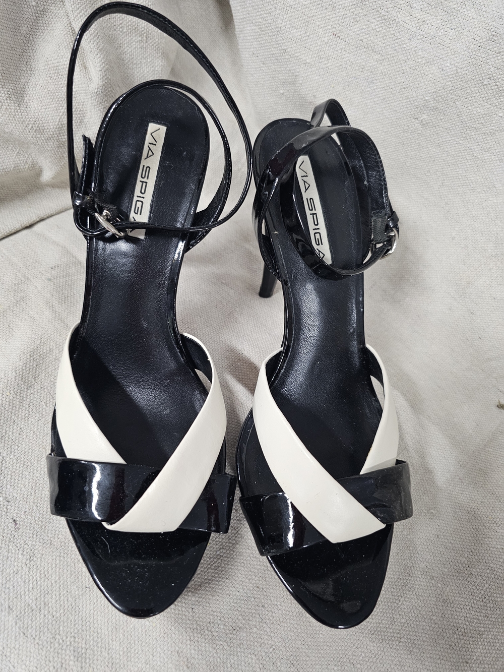 Via Spiga Black and White Leather Strappy Heels
